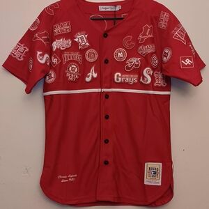 Headgear Collage Button Down Red Baseball Jersey